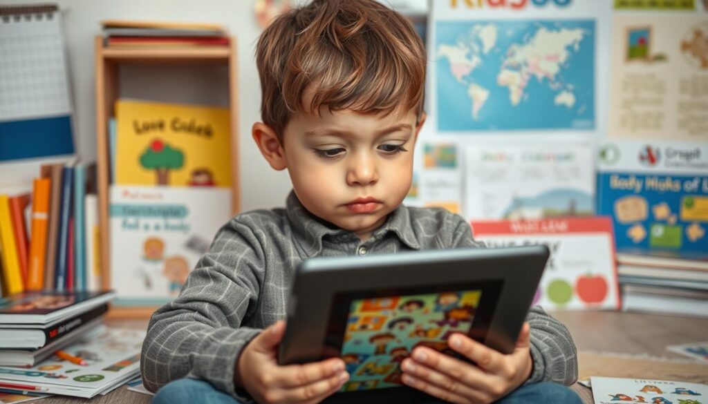 Generate an image of a child engaging with a tablet, with a thoughtful expression, surrounded by educational content.