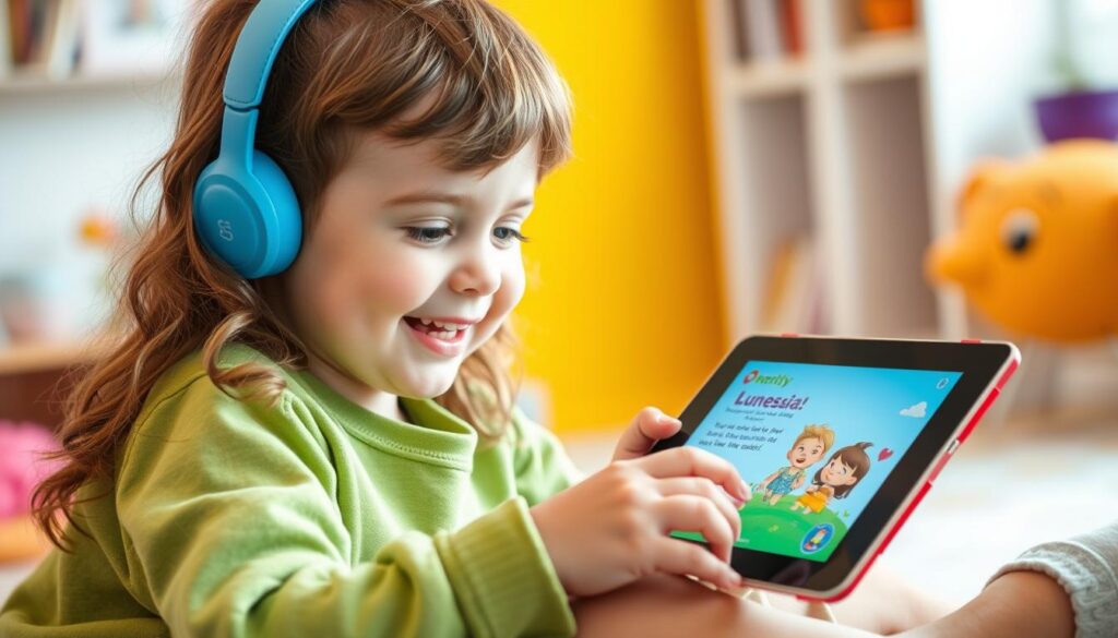 Generate an image of a child engaging with an interactive story on a tablet, with Lunesia's app interface visible.