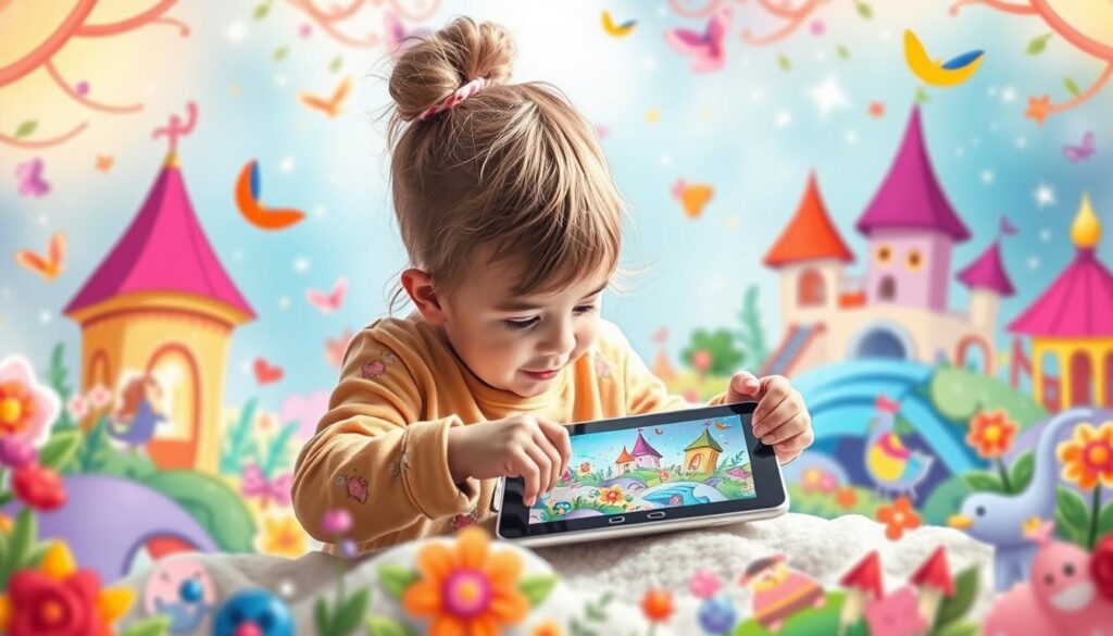 Generate an image of a child engaging with the Lunesia app on a tablet, surrounded by colorful storybook elements.