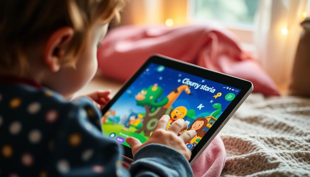Generate an image of a child engaging with the Lunesia app on a tablet, with a story unfolding on the screen.