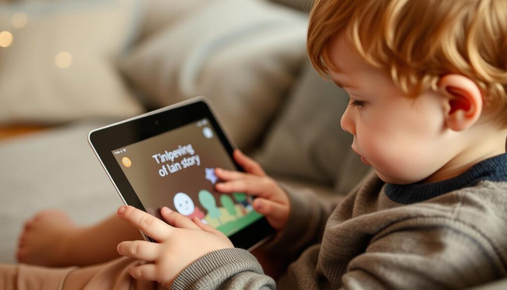 Generate an image of a child engaging with the Story Tyke app on a tablet, with a soothing story unfolding on the screen.