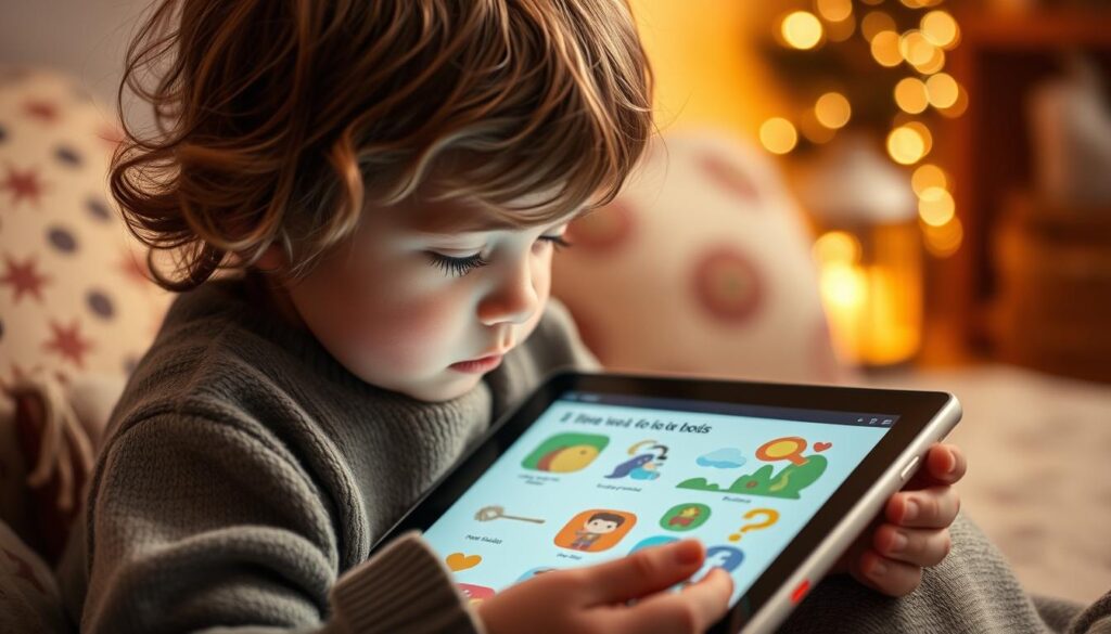 Generate an image of a child engrossed in reading on a tablet with Lunesia's interface.