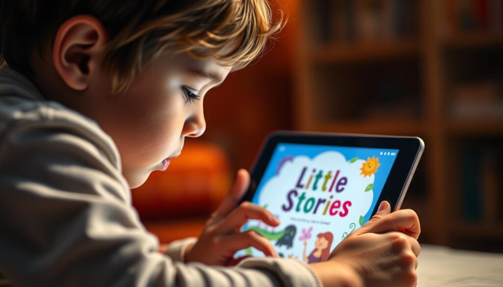 Generate an image of a child engrossed in reading on a tablet with the Little Stories app open.