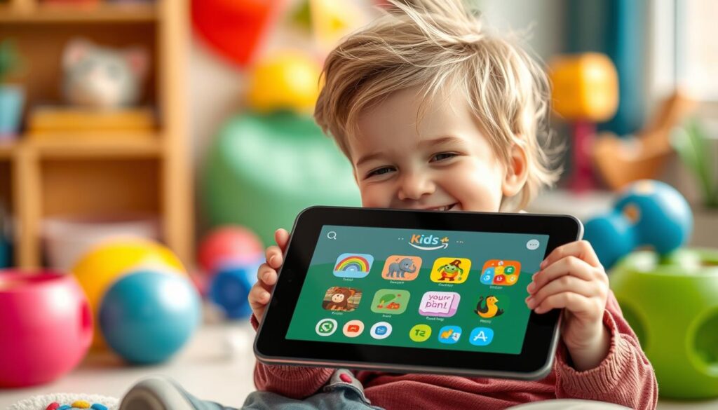 Generate an image of a child happily engaging with Amazon Kids+ on a tablet.