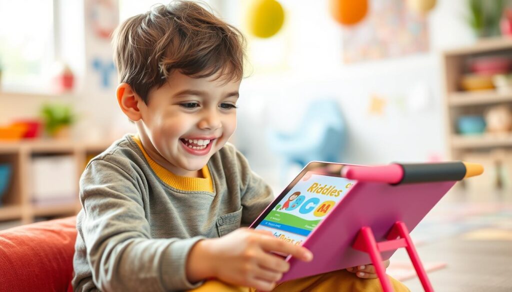 Generate an image of a child happily engaging with the Kiddopia app on a tablet.