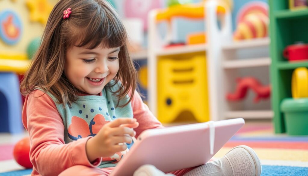 Generate an image of a child happily interacting with the Lunesia app on a tablet.
