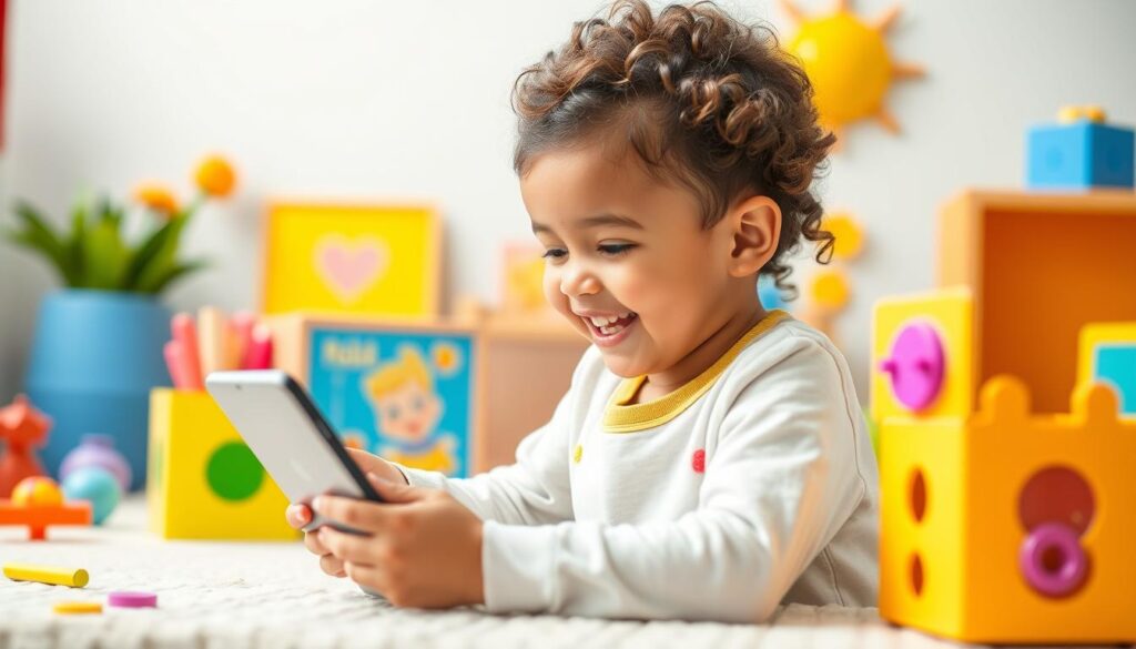 Generate an image of a child happily learning with the Lingokids app on a tablet.
