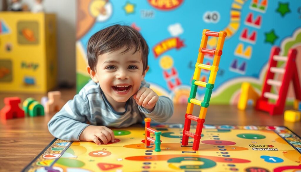 Generate an image of a child happily moving their game piece up a ladder in Chutes and Ladders.