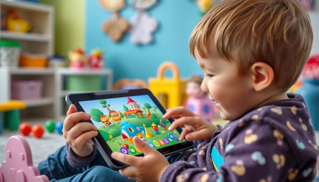 Generate an image of a child happily playing Lunesia on a tablet.