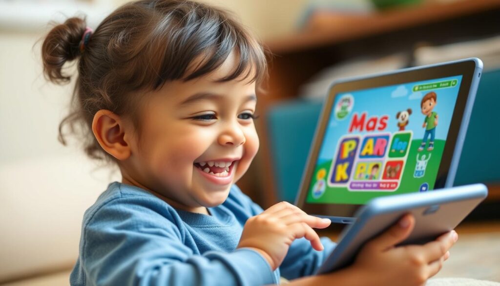 Generate an image of a child happily playing educational games on a tablet with the PBS Kids Games app open.