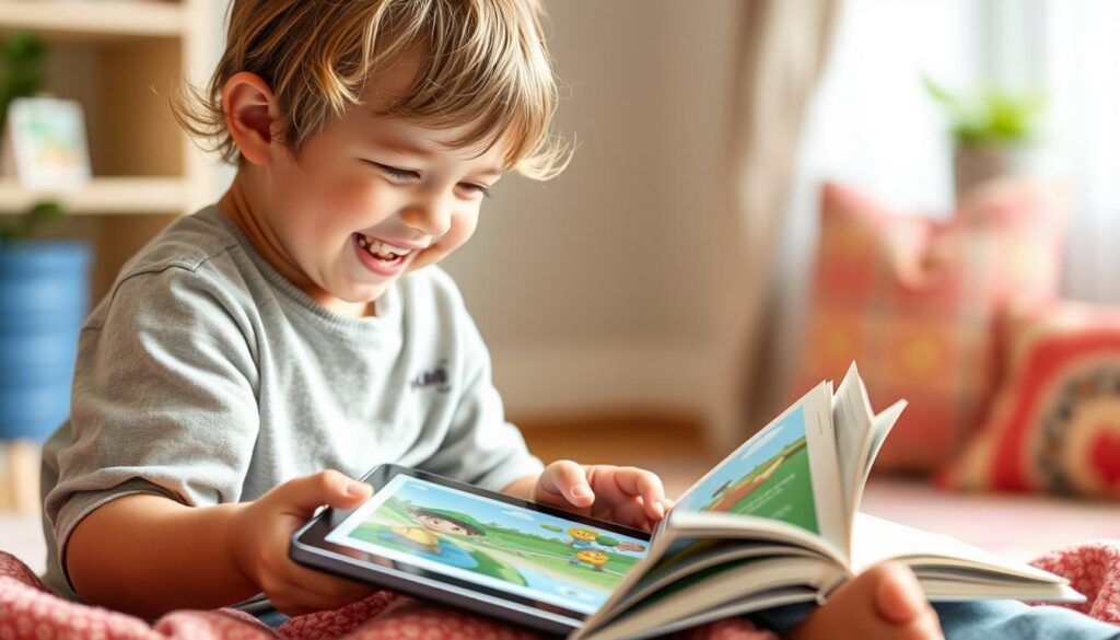 Generate an image of a child happily reading a story on a tablet with Lunesia's interface.