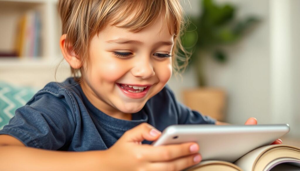 Generate an image of a child happily reading on a tablet with a customized reading interface.