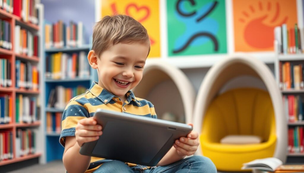 Generate an image of a child happily reading on a tablet with a library background