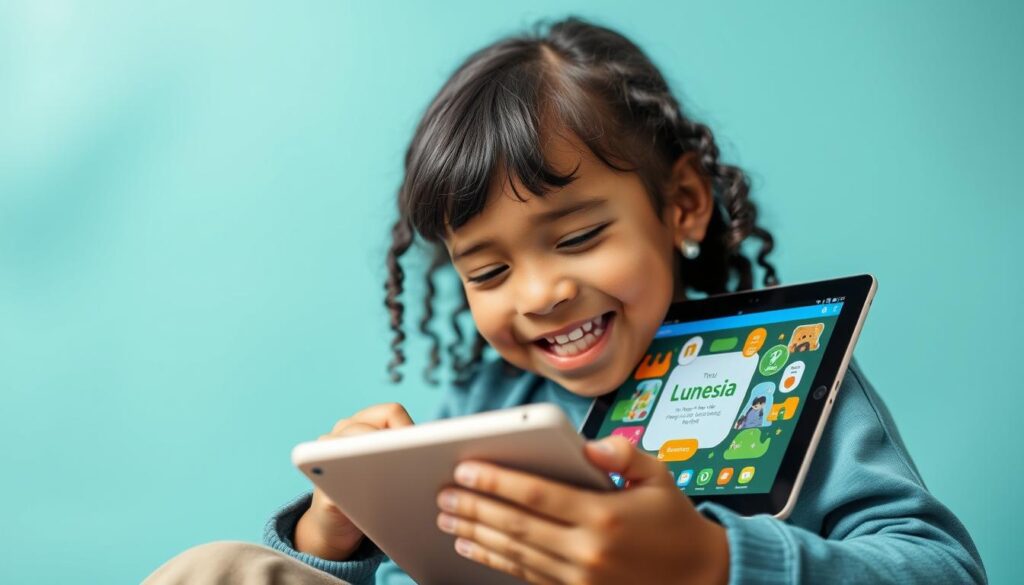Generate an image of a child happily reading on a tablet with the Lunesia app open.