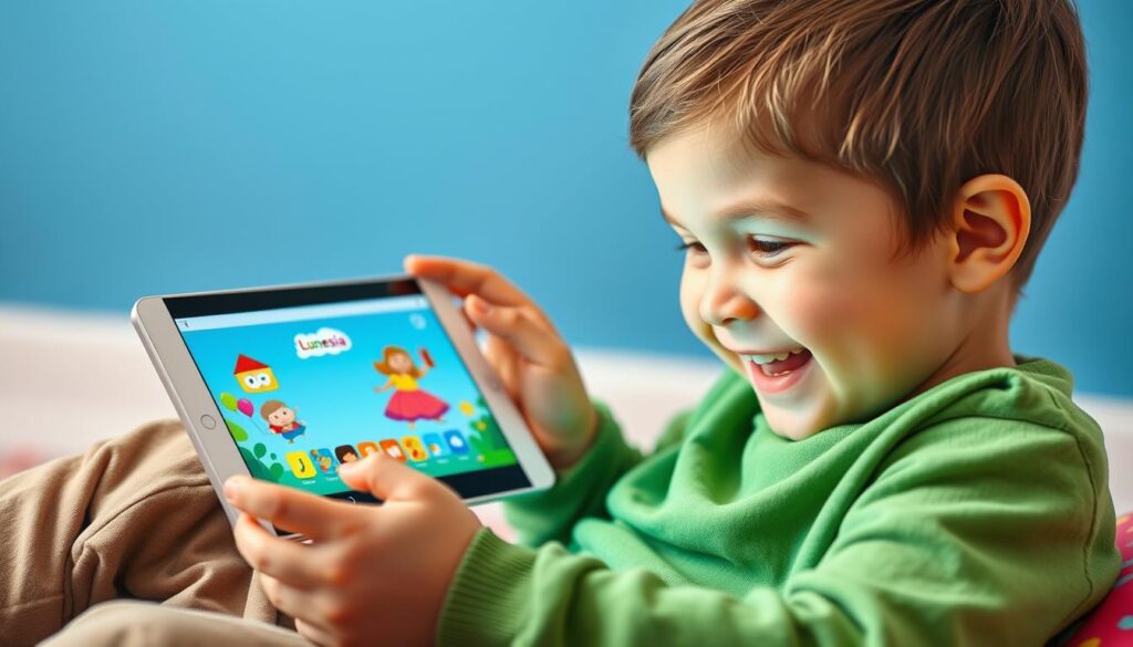 Generate an image of a child happily reading on a tablet with the Lunesia app open.