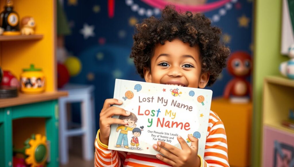 Generate an image of a child holding a personalized "Lost My Name" book by Wonderbly.