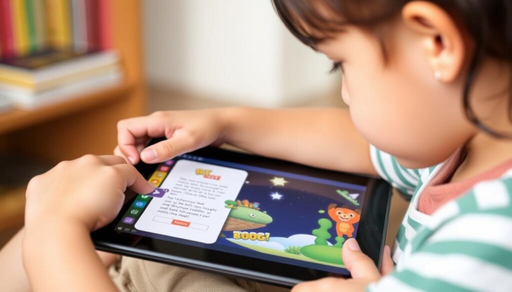 Generate an image of a child interacting with a digital book on a tablet, with animations and quizzes.