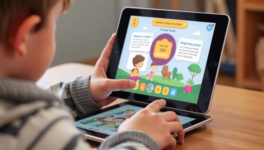 Generate an image of a child interacting with a digital story on a tablet, representing Lunesia's digital storytelling.