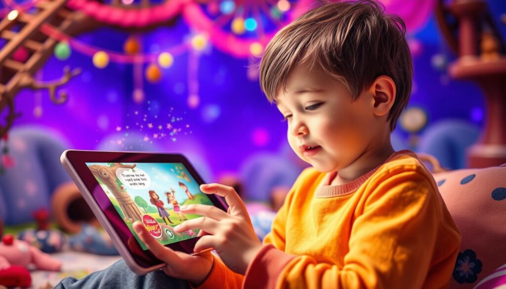 Generate an image of a child interacting with the Lunesia app on a tablet, with a magical story unfolding on the screen.