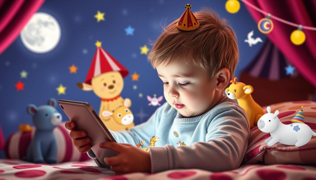 Generate an image of a child interacting with the Nighty Night Circus app on a tablet, with circus animals preparing for bed.