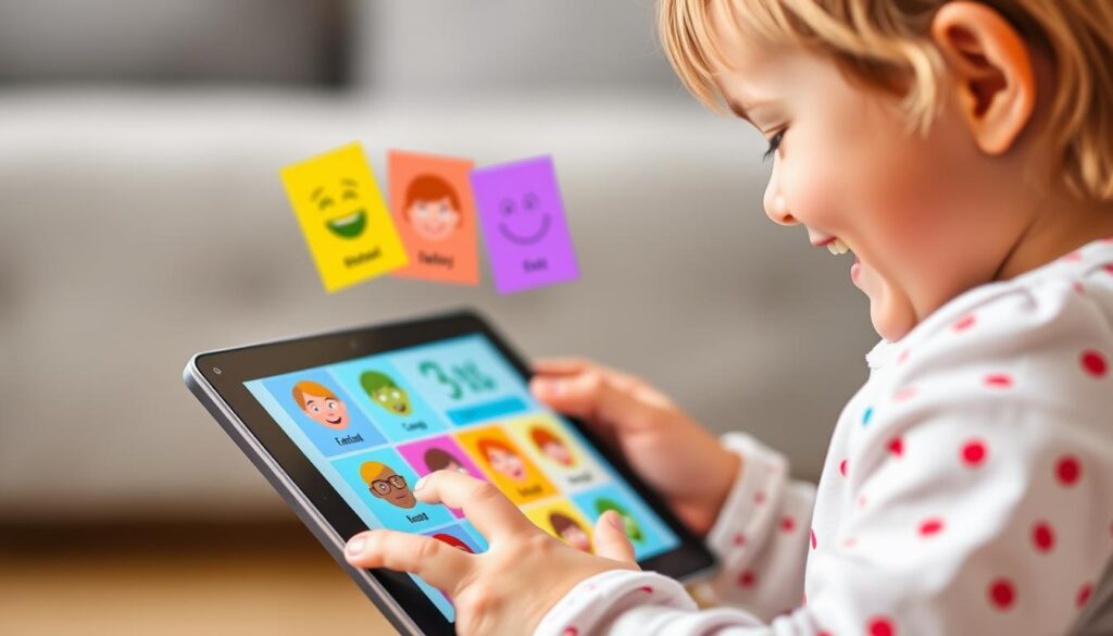 Generate an image of a child interacting with the app on a tablet, with emotion cards on the screen.
