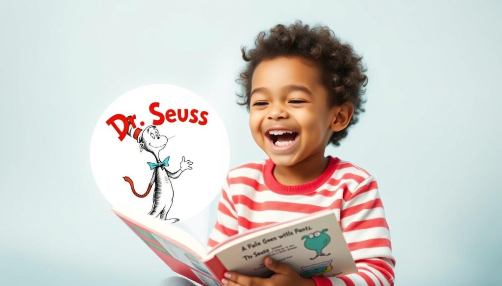 Generate an image of a child laughing while reading a Dr. Seuss book with a pair of pale green pants illustration.