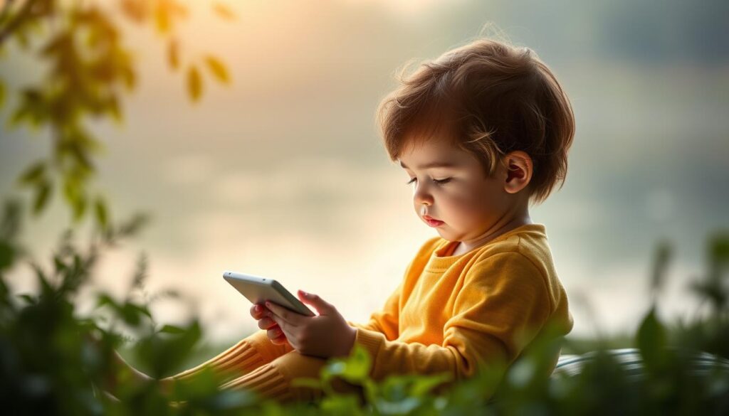 Generate an image of a child listening to a calming story on a tablet with a serene background.