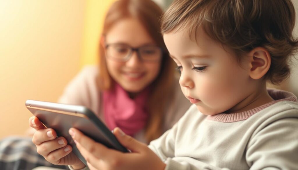 Generate an image of a child listening to a story on a tablet with a speech-language pathologist in the background.