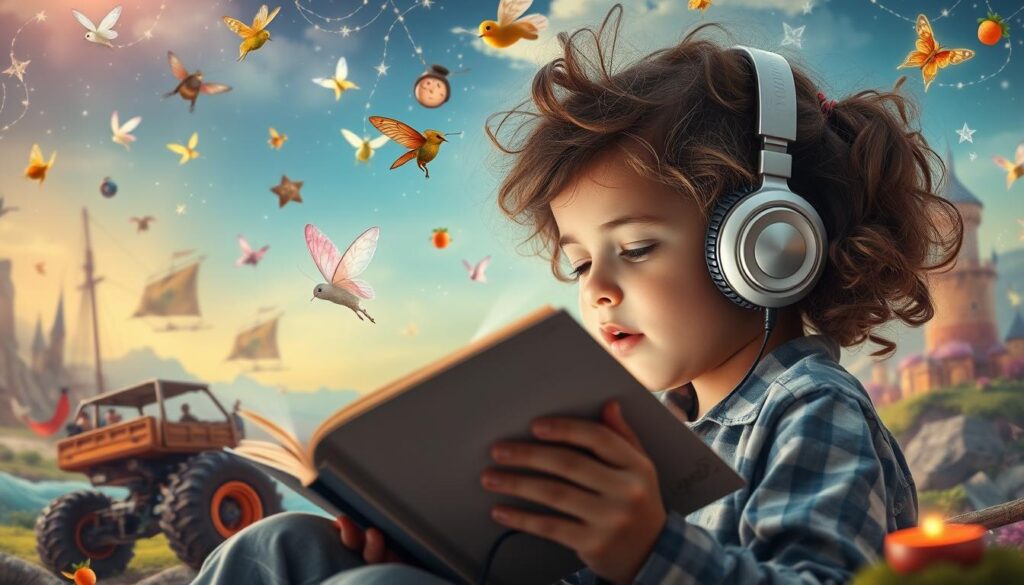 Generate an image of a child listening to an audiobook with a background of pirates, fairies, monster trucks, and time travelers.