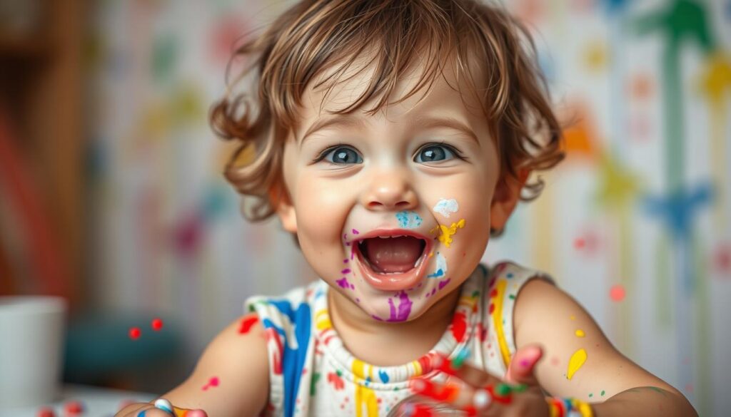 Generate an image of a child making a mess with paint, with a surprised expression.