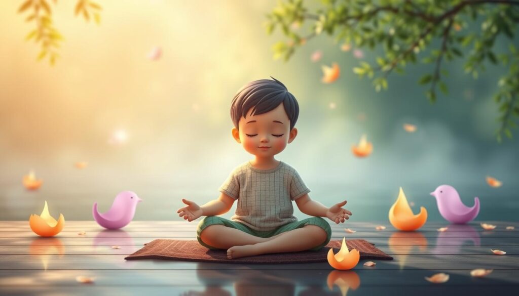 Generate an image of a child meditating with a calm background, surrounded by gentle, colorful animations.