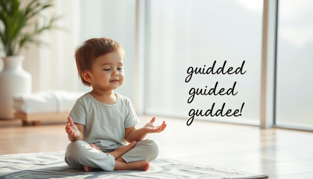 Generate an image of a child meditating with a gentle, guided voice