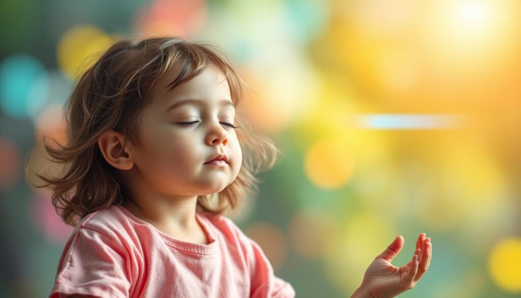 Generate an image of a child meditating with a visual timer in the background.