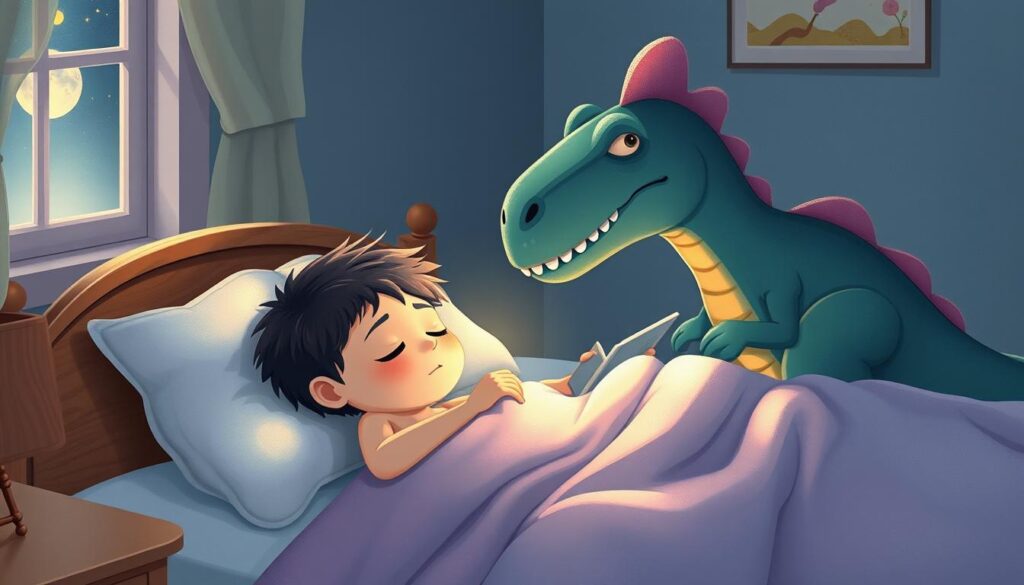 Generate an image of a child peacefully sleeping while a friendly dinosaur whispers a bedtime story in their ear.