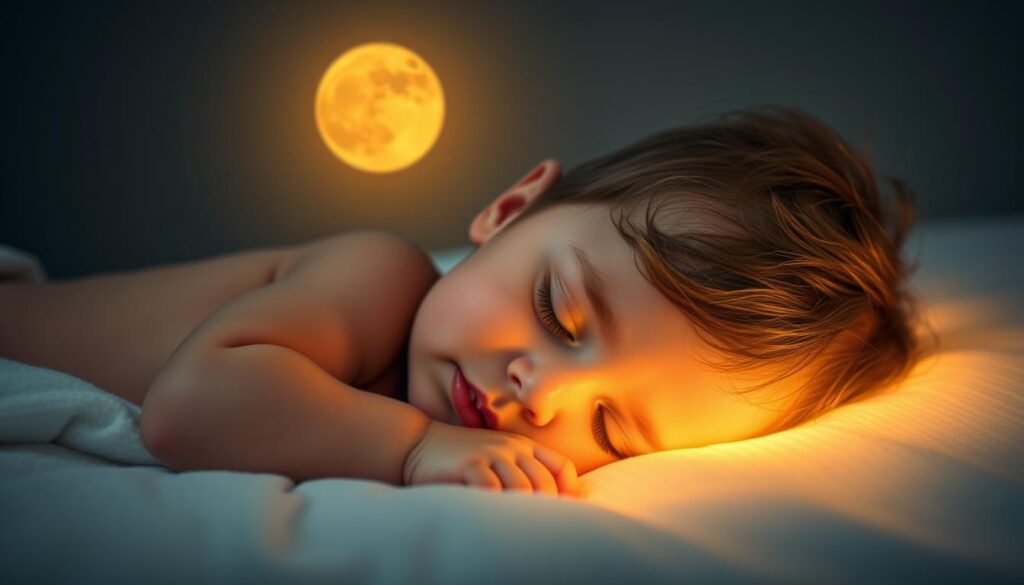 Generate an image of a child peacefully sleeping with a gentle, moonlit glow surrounding them.
