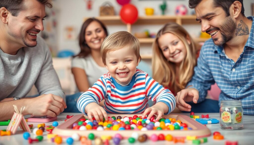 Generate an image of a child playing Candy Land with friends and family.