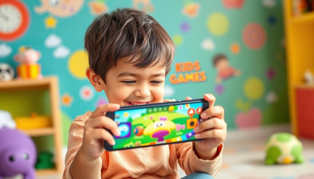 Generate an image of a child playing PBS Kids Games on a smartphone.