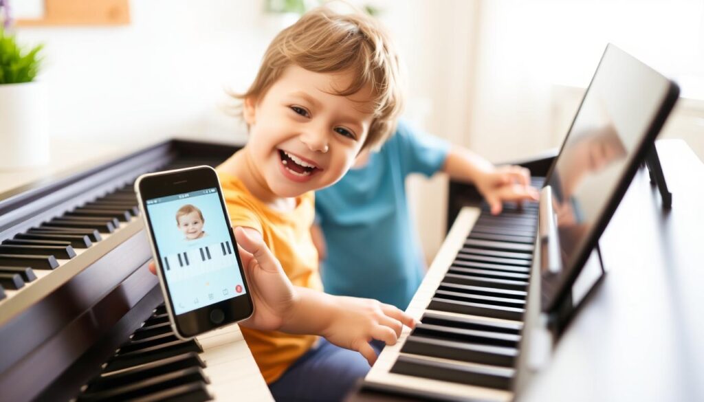 Generate an image of a child playing a piano with a smartphone displaying the Simply Piano app on the piano stand.
