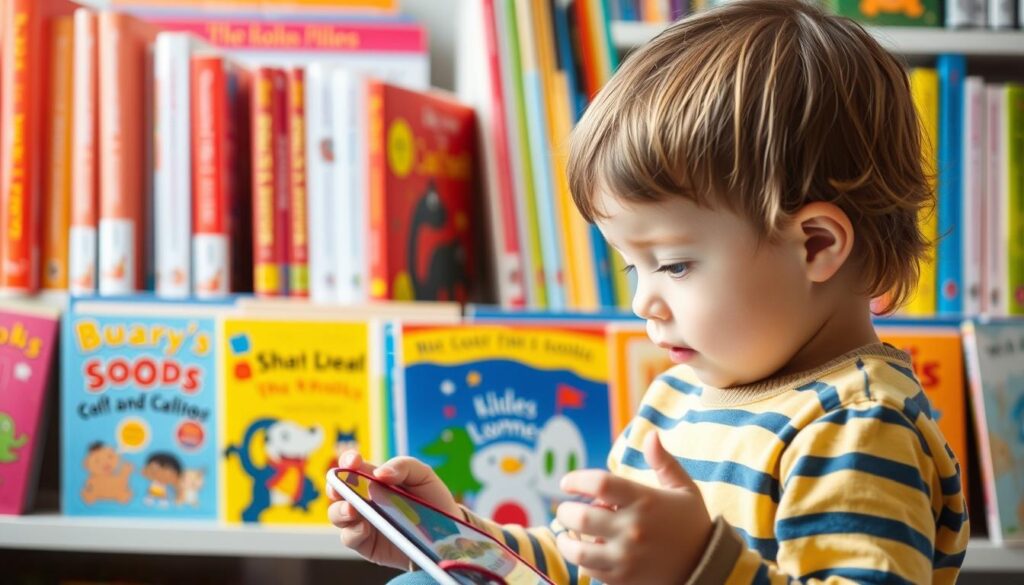 Generate an image of a child reading a book on a tablet with a variety of children's books in the background.