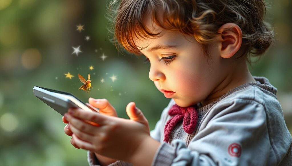 Generate an image of a child reading a fairy tale on a tablet with interactive elements on the screen.