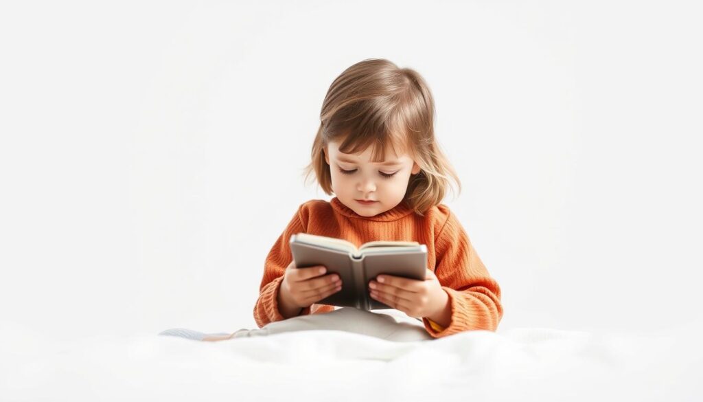 Generate an image of a child reading a story on a tablet with a calm background, symbolizing relaxation and emotional learning.
