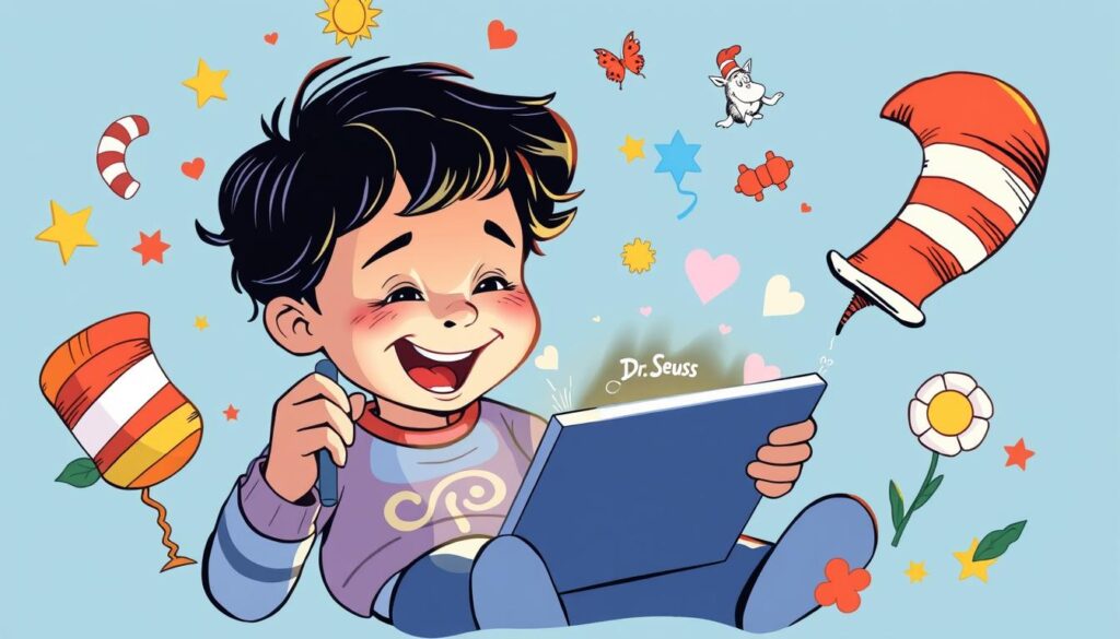 Generate an image of a child reading an animated Dr. Seuss book on a tablet.