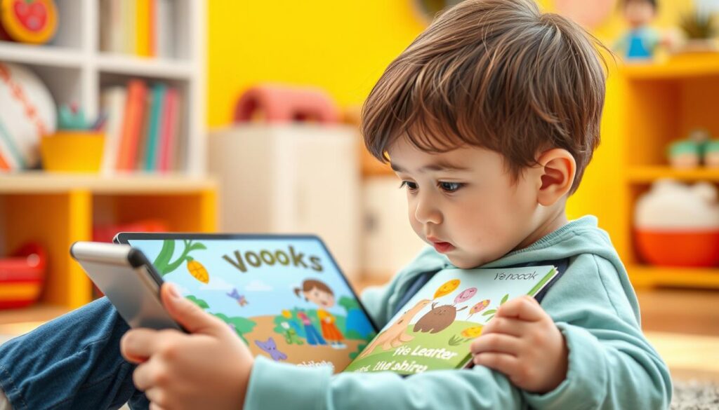 Generate an image of a child reading an animated storybook on a tablet with Vooks.