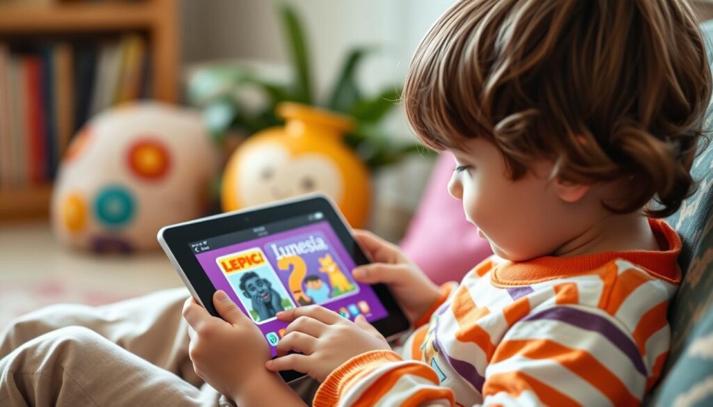 Generate an image of a child reading on a tablet with Epic! and Lunesia apps open