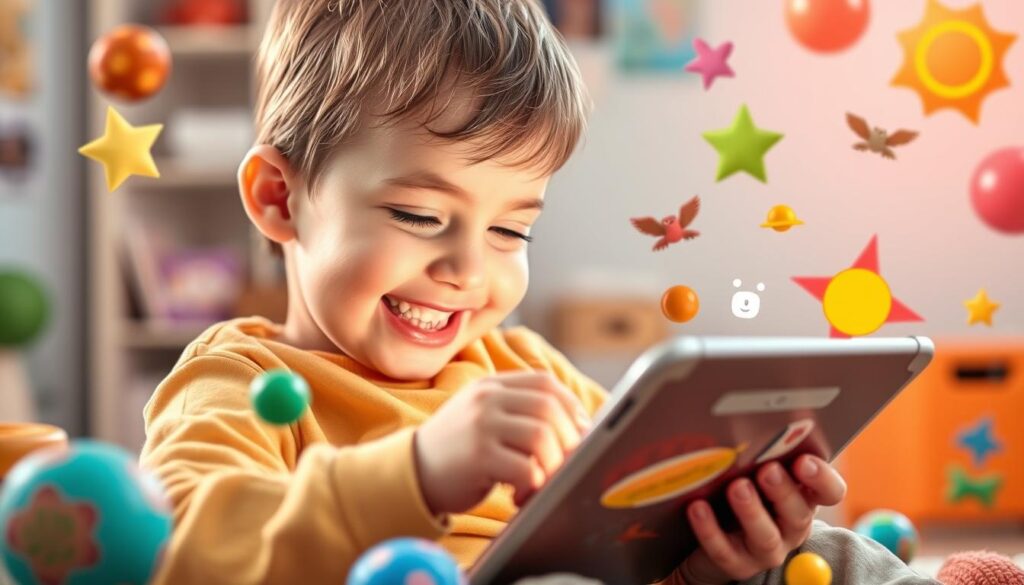 Generate an image of a child reading on a tablet with a smile, surrounded by interactive game elements.