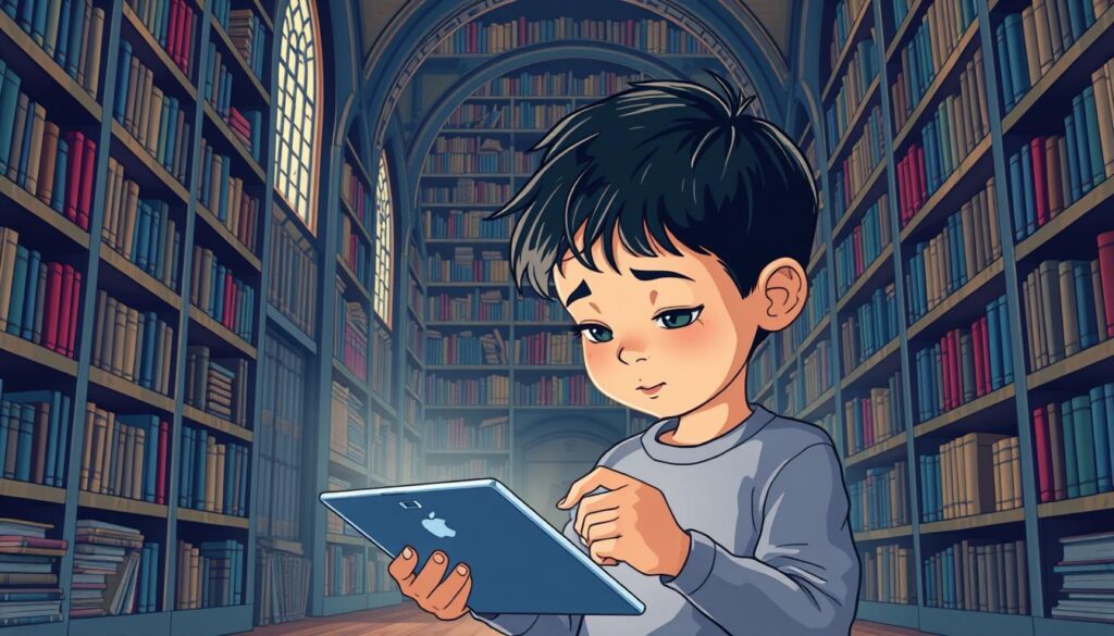 Generate an image of a child reading on a tablet with a vast library of books in the background.