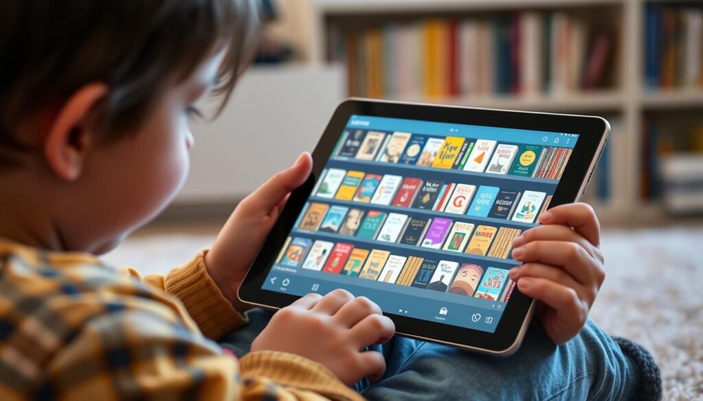 Generate an image of a child reading on a tablet with a vast library on the screen.