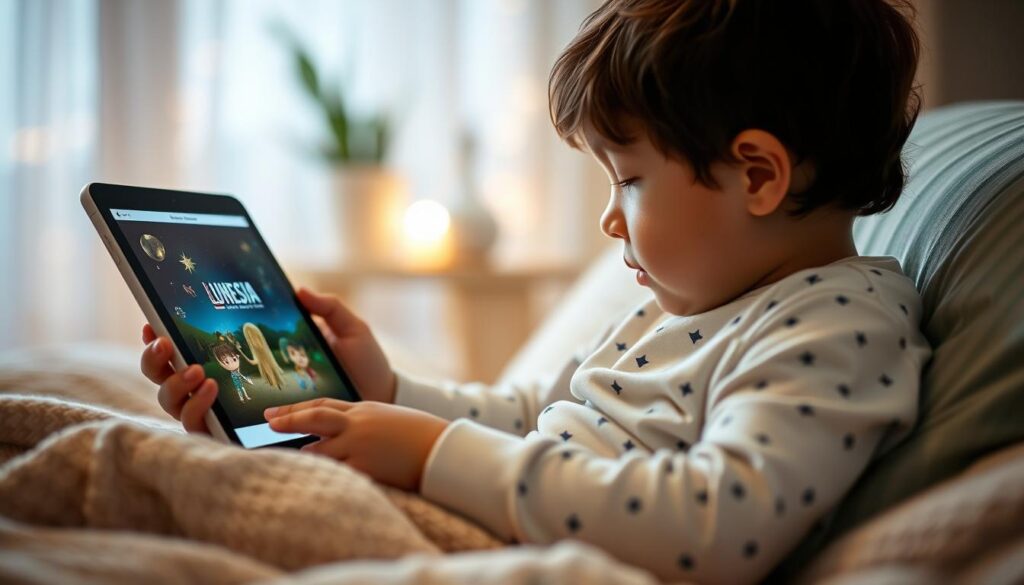Generate an image of a child relaxing with the Lunesia app on a tablet.
