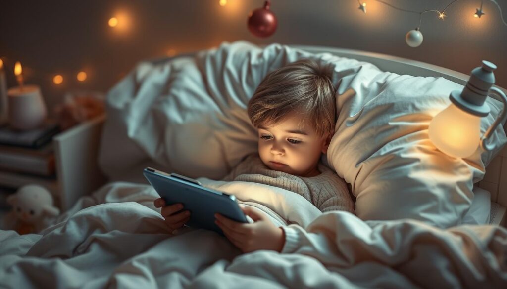 Generate an image of a child snuggled up in bed, listening to a bedtime story on a tablet with a soothing, dreamy background.