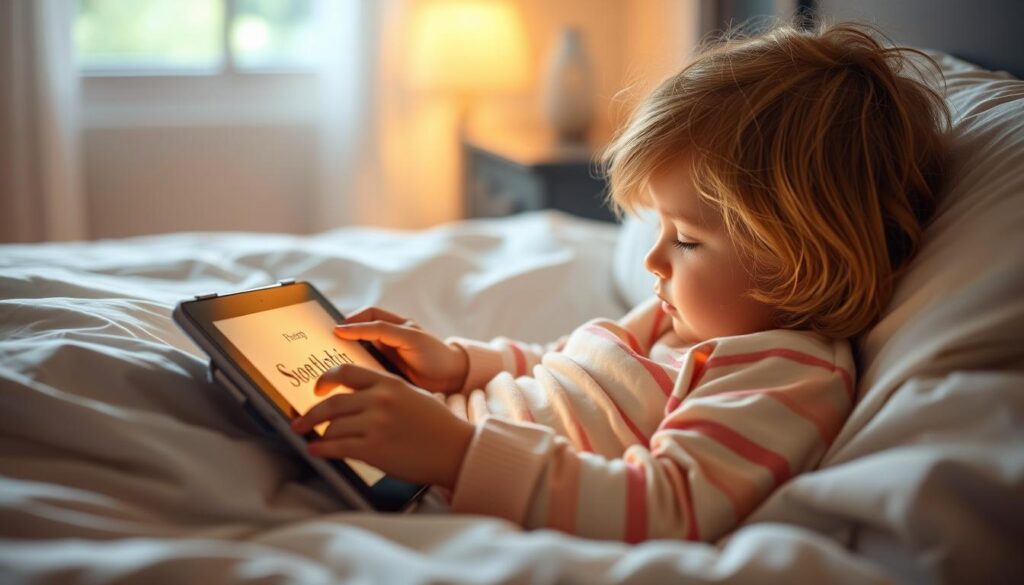 Generate an image of a child snuggled up in bed, listening to a soothing bedtime story on a tablet with a warm, dimmed screen.